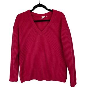 Marie Sixtine Wool Mohair‎ Alpaca Blend Ribbed V Neck Sweater Red Coral Medium